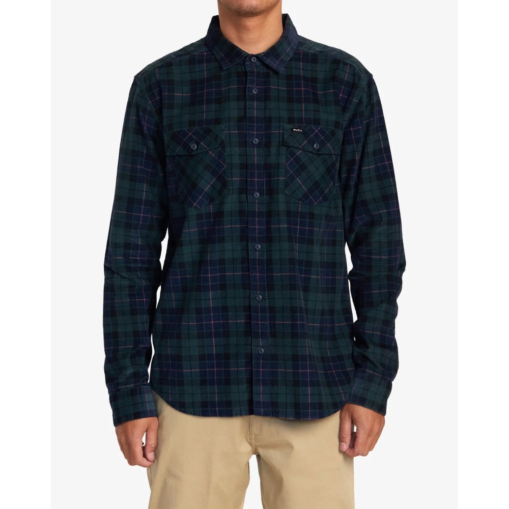 RVCA Men's Blues Walk Cord Flannel Shirt XL Green Plaid Button Skater Grunge Fit